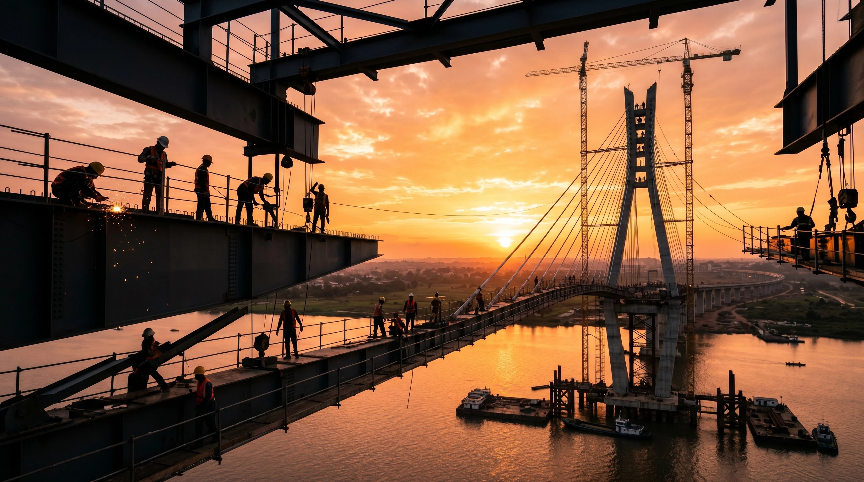 Bridge construction workers at sunrise — progress and scale