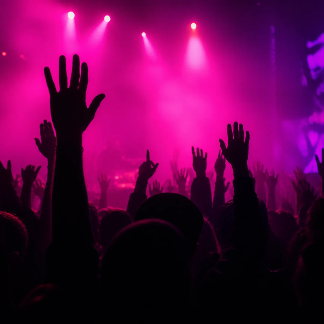 Raised hands silhouetted against neon pink stage lights