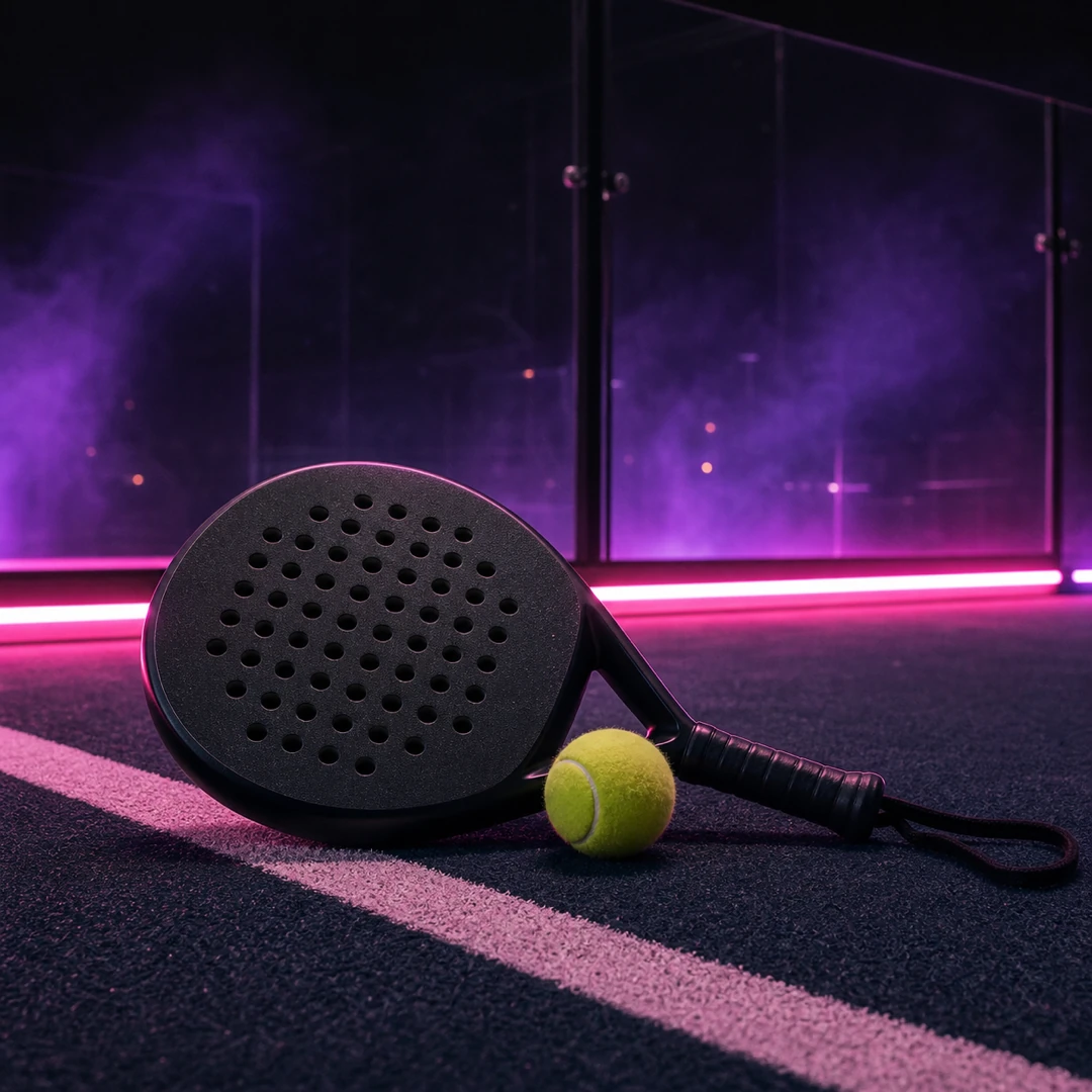 Padel racket on court under neon lighting