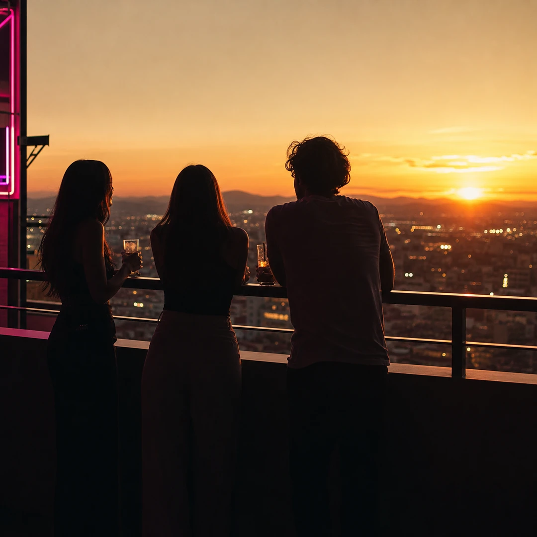 Silhouetted friends on a rooftop at sunset
