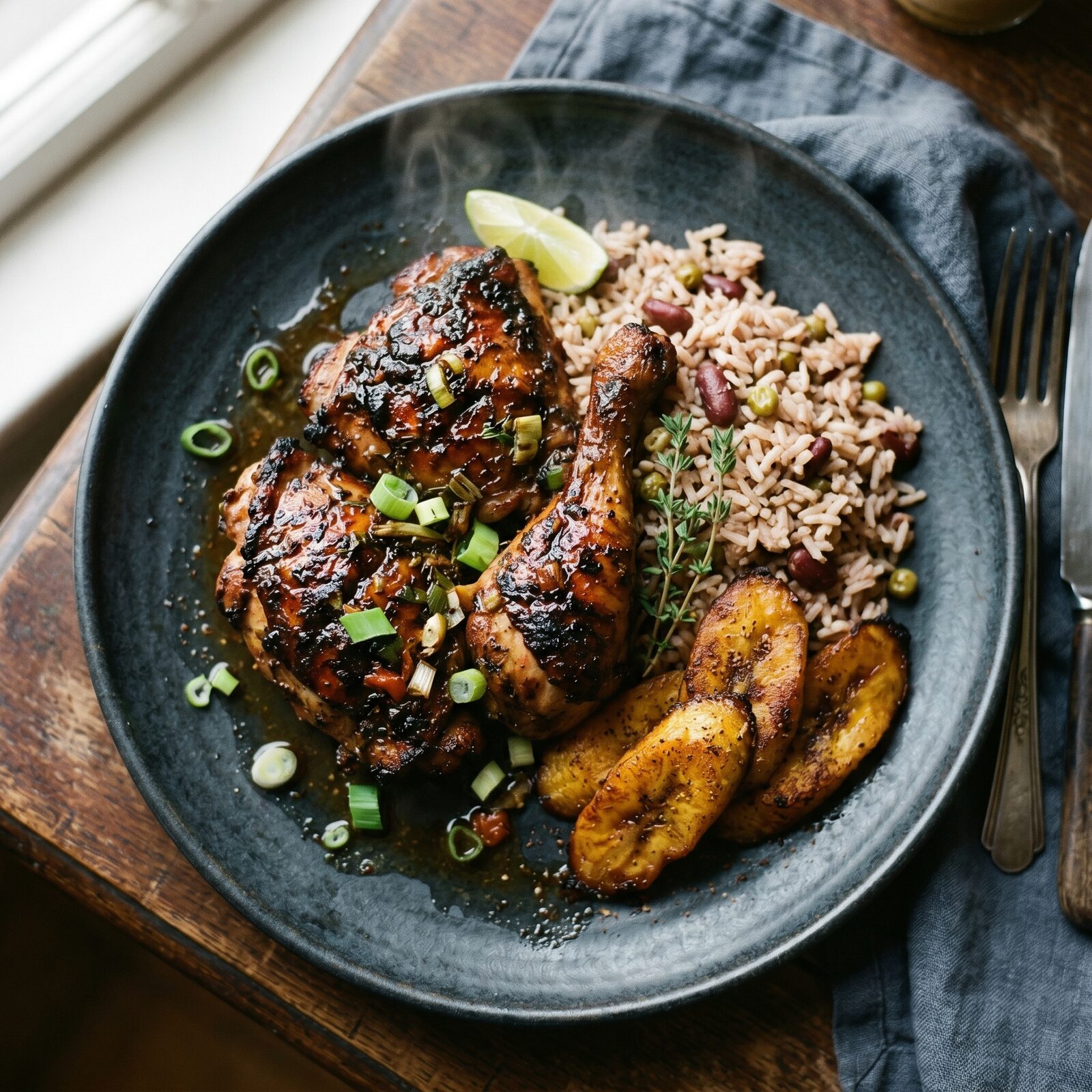 Jerk chicken plated with rice and peas and festival dumplings
