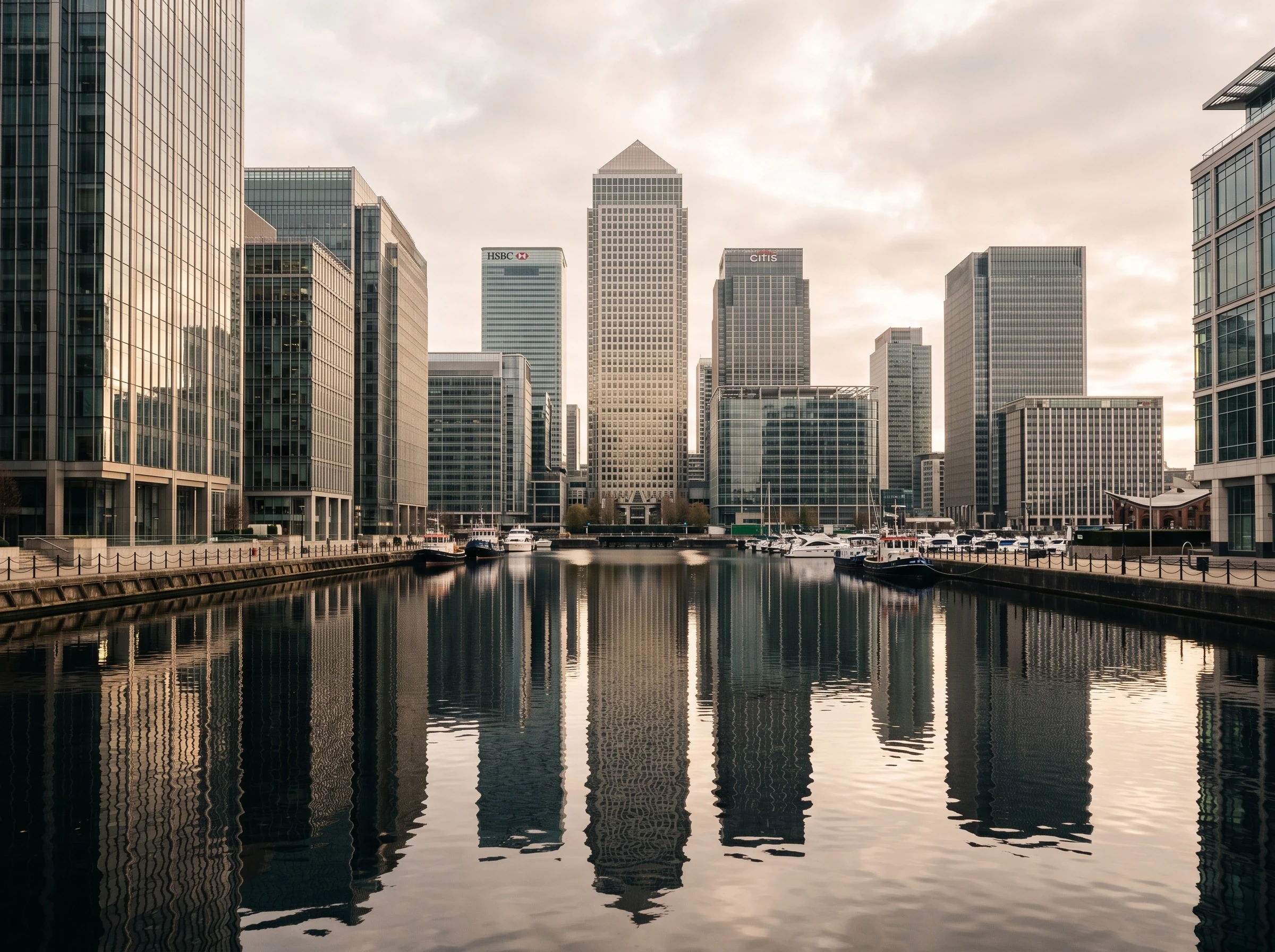 Canary Wharf skyline at dusk with glass towers and riverside walkways (placeholder)