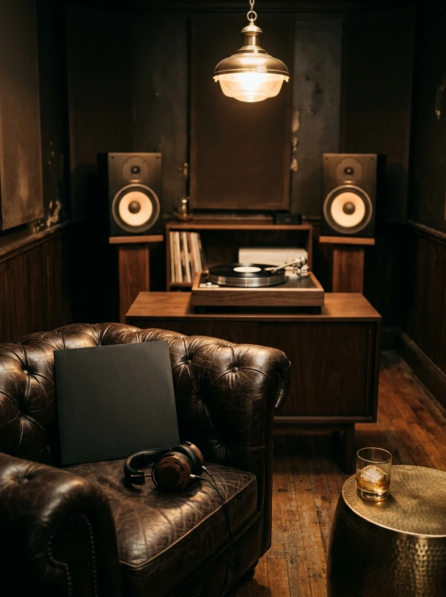 A private label listening room, large studio monitors flanking a turntable mid-spin, a leather armchair in warm pendant light.