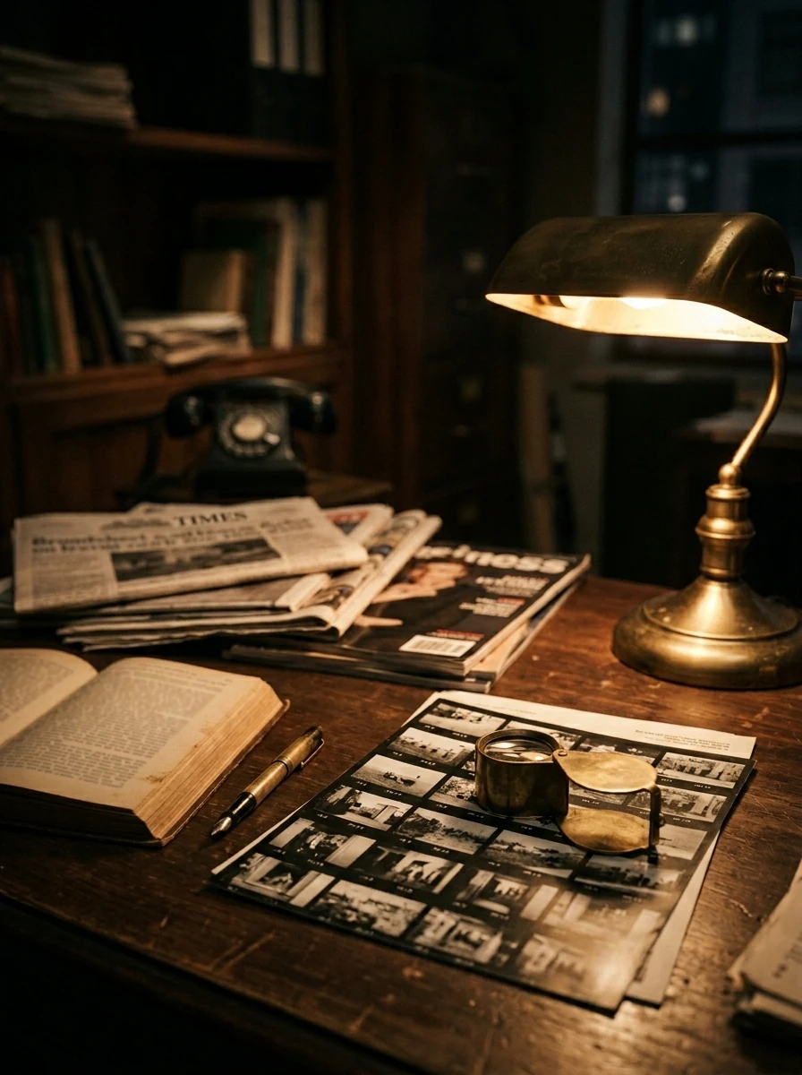 An editor's desk: a stack of broadsheets and magazines beside an open hardback, a brass loupe on a black-and-white contact sheet, lit by a tungsten lamp.