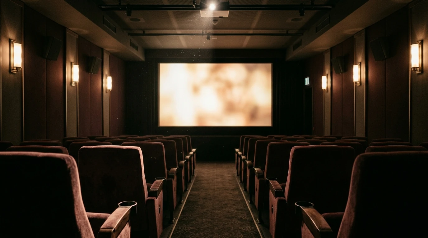 A private cinema mid-projection, rows of empty velvet seats facing a softly glowing screen with the projection beam catching dust in the air.