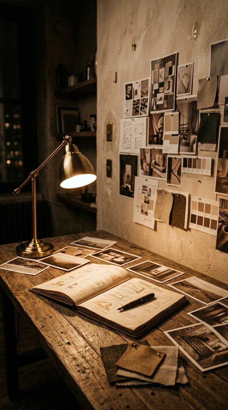 A campaign planning room at night, a wood desk under a single brass lamp with an open storyboard book and a wall of pinned references behind it.