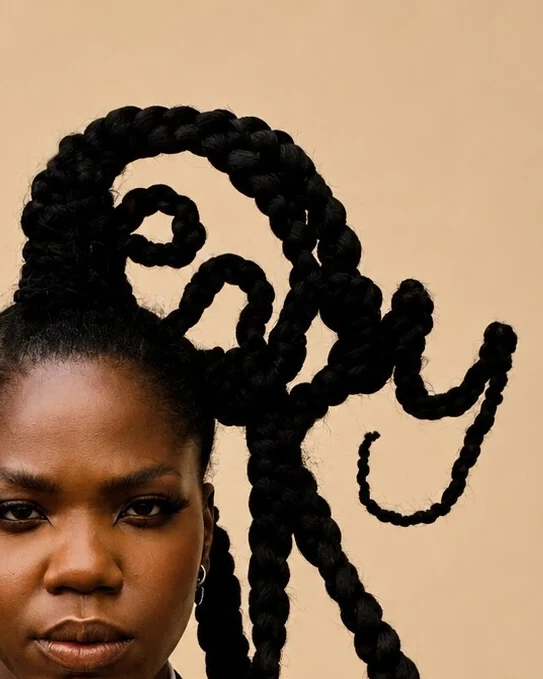 Detail of ENNY's sculpted braids spelling her name