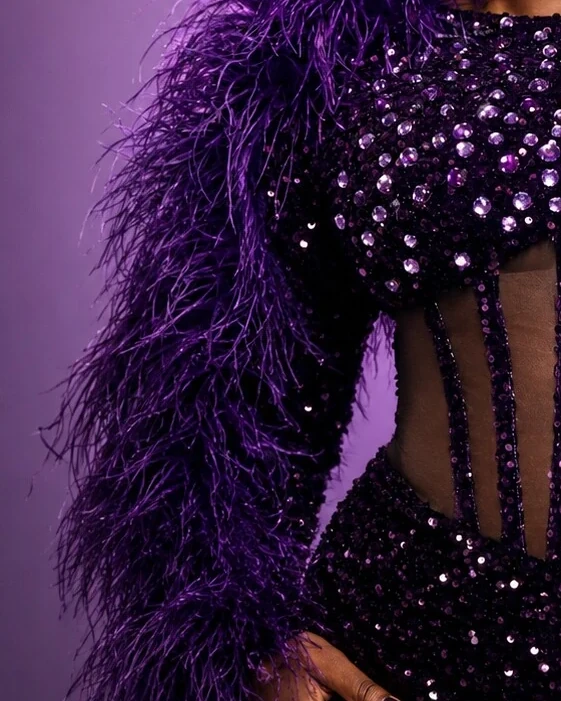 Detail of Madame Joyce's purple feathered and beaded sleeve