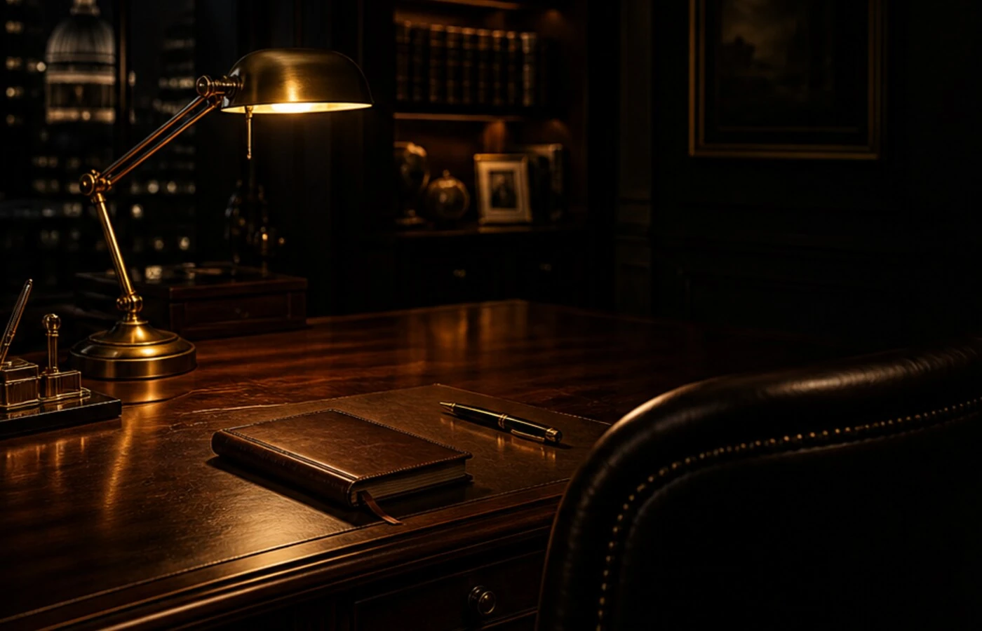 Atmospheric dark texture portrait of a London interior at night, no people, reserved for founder narrative.