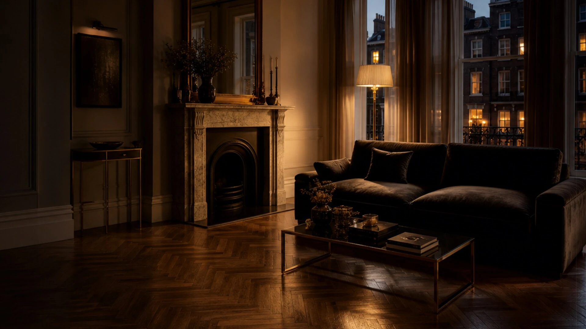 Atmospheric dark interior of a premium London townhouse at evening, single warm key light across polished surfaces.