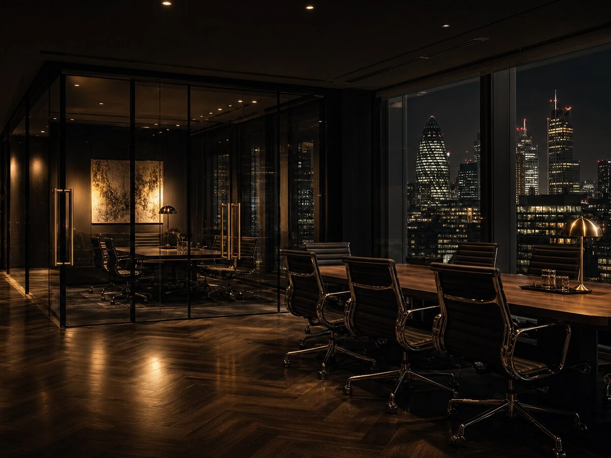 Atmospheric dark interior of a premium London corporate office floor at night, glass-walled meeting room with City skyline beyond.
