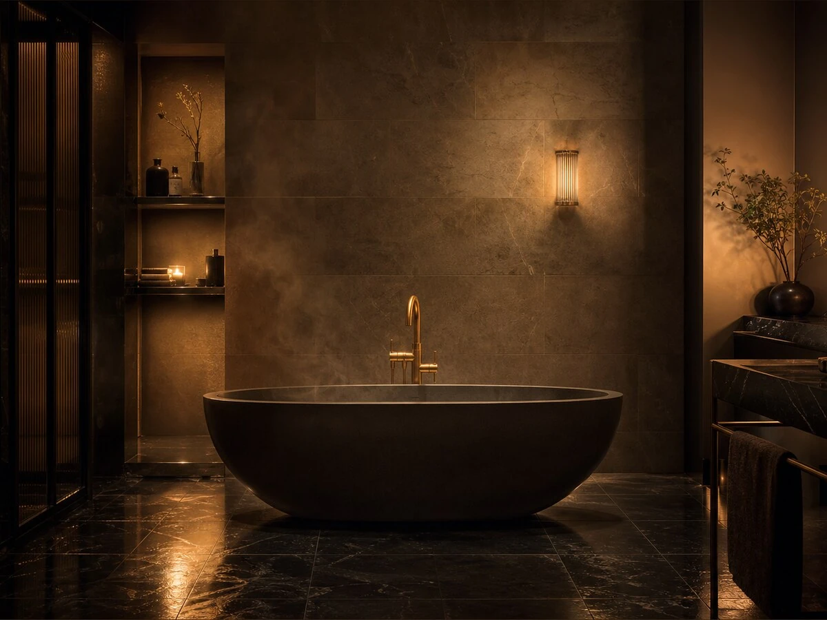Atmospheric dark London bathroom interior, freestanding charcoal bathtub and brushed brass fittings under warm wall sconce.