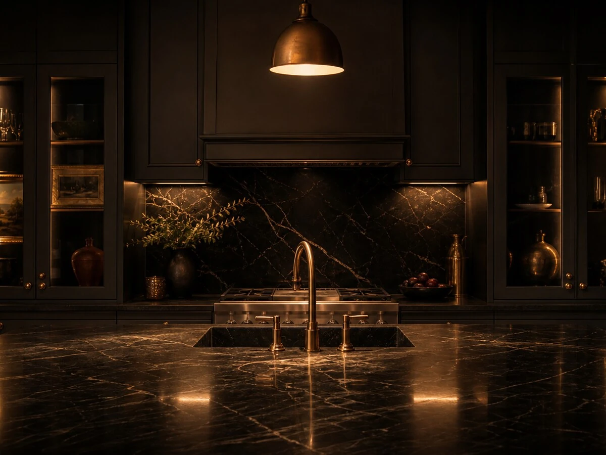 Atmospheric dark interior of a premium London townhouse kitchen at evening, polished marble worktop and brass fittings.