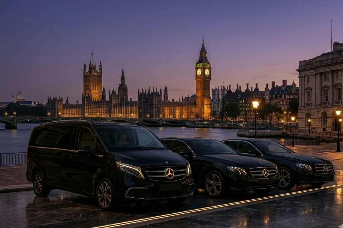 No.1 Concierge Mercedes V-Class fleet parked on a London street at dusk