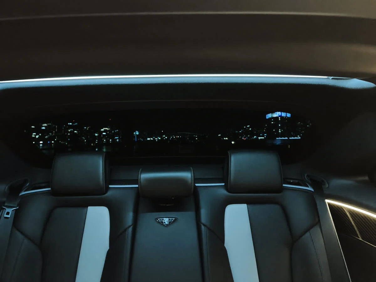 Detail of the Mercedes V-Class privacy glass and door handle at night